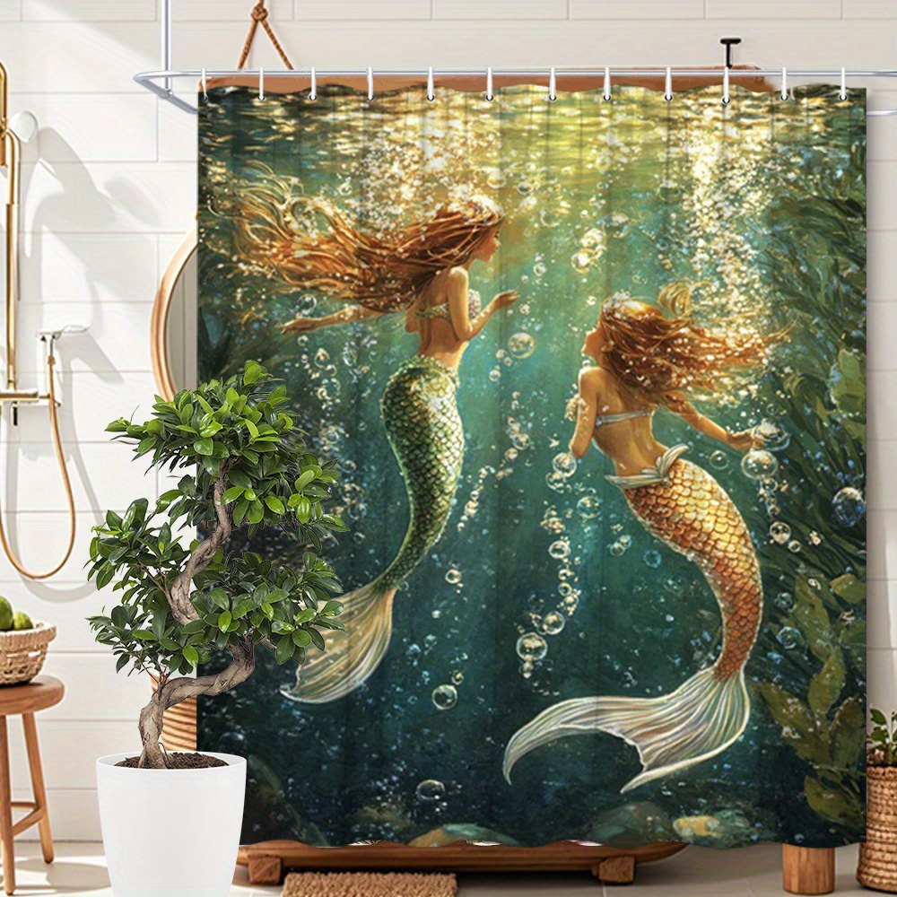 TEMU 1pc Magical Underwater Mermaids Shower Curtain With & Iridescent Tails, Coral Bubbles & Sunlight Filtered Ocean Scene - Fantasy Bathroom Decor,