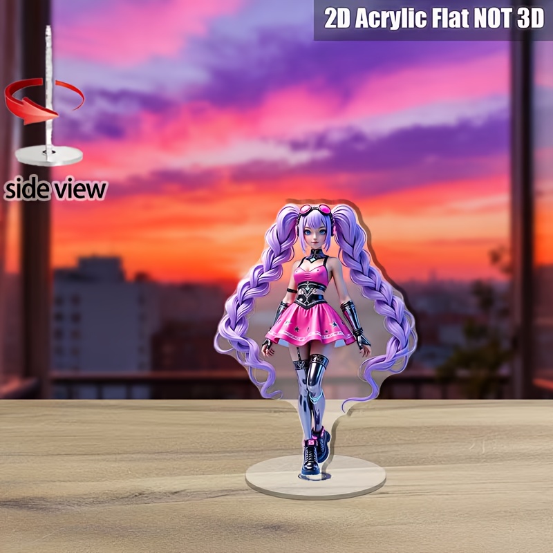 TEMU 2d Flat, 2d Flat Anime Girl Figure With 360° Rotating Base - Pink Dress, Purple Braids & Silvery Boots - Elegant Decoration, Suitable For