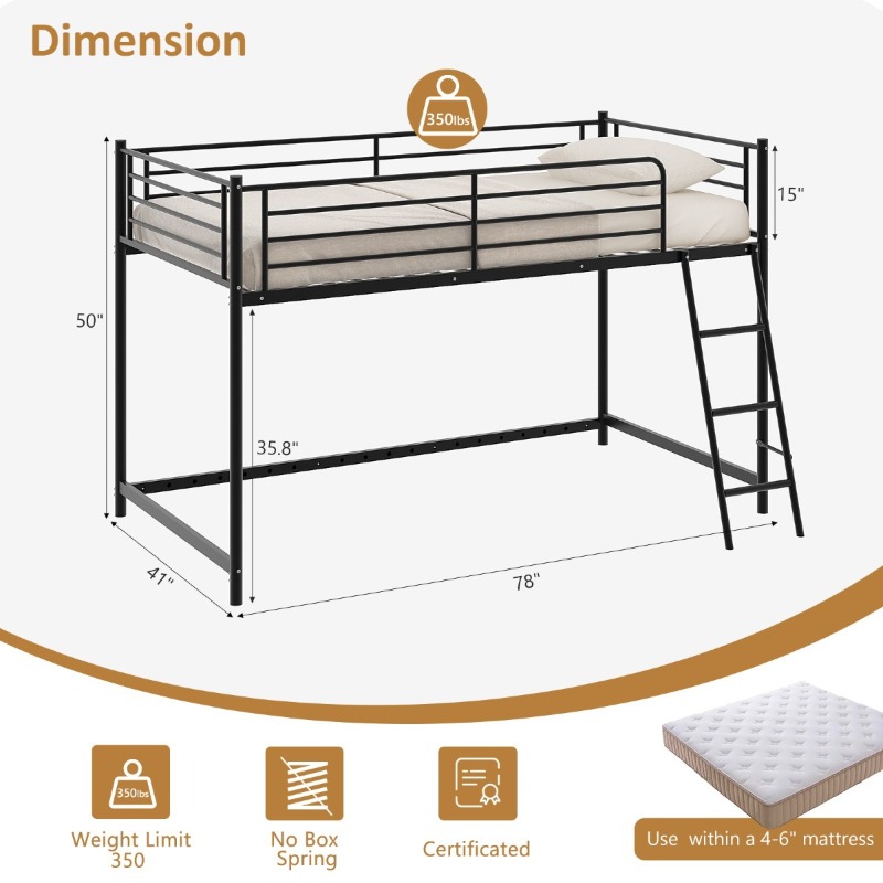 Loft Bed for Kids | Heavy-duty Iron Frame, 350LBS Weight Capacity, Space Saving Design for Small Rooms & Low Ceilings, Movable Ladder, - JOYMOR