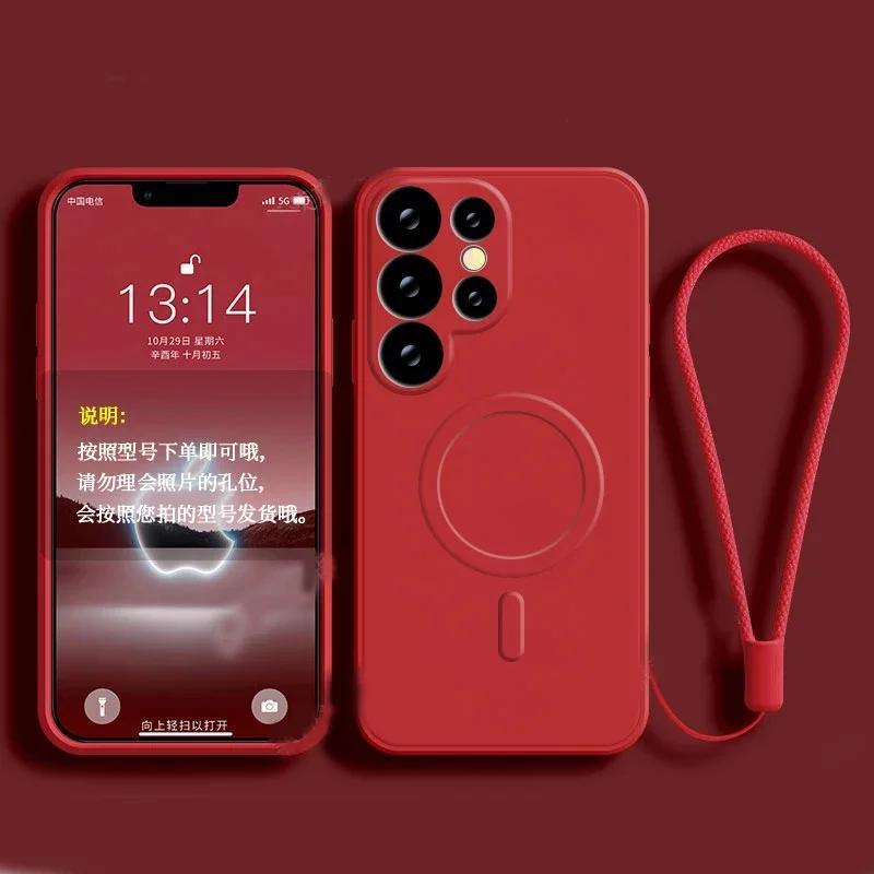 Phone Case - Liquid Silicone Magnetic Phone Case for Samsung Galaxy S25 S24 S23 S22 Ultra Plus A56 A55 A36 A16 A15 A35 Soft Matte Shockproof Shell Wireless Charging Protective Cover with Short Rope Wristband