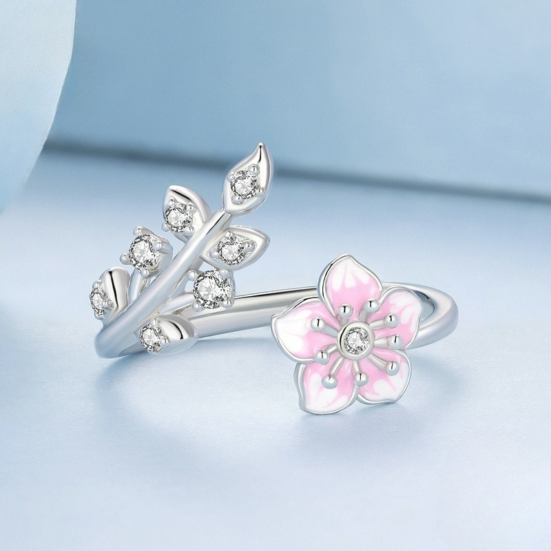 Image of S925 Sterling Drop Gradient Pink Cherry Inlaid Synthetic Adjustable Ring, Suitable For Daily Versatile Gifts, Dating, Parties, Birthdays, Valentine's Day, And Other Gifts