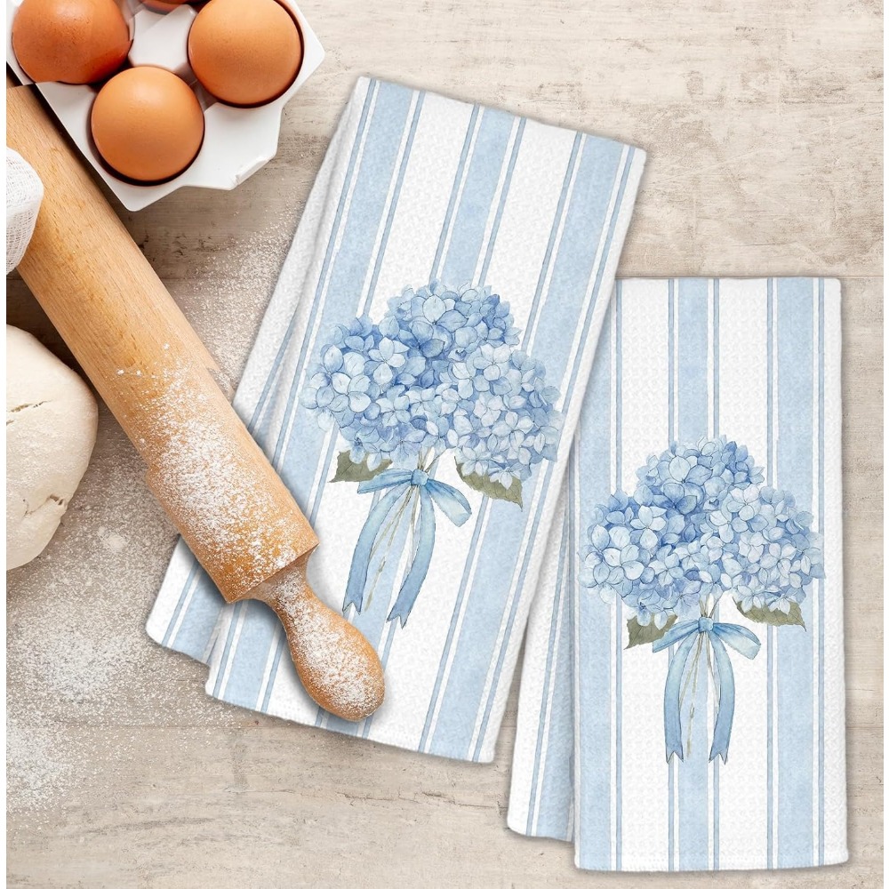 TEMU 2-pack Elegant Hydrangea Fashion Towels, Blue And White Striped Background With Watercolor Blue Hydrangea Bouquet Print | Fabric, Absorbent,