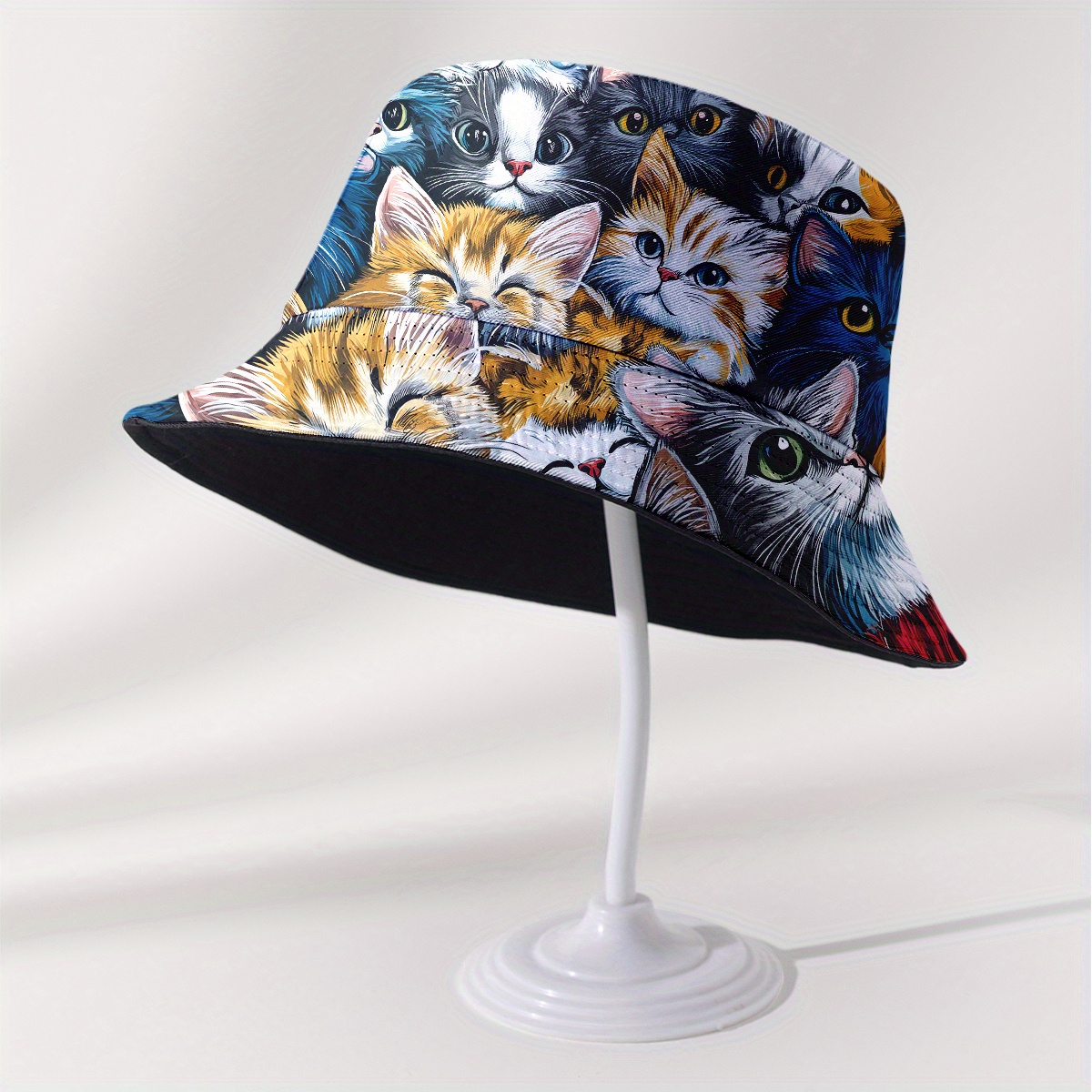 Image of 1pc Full Printed Double-sided Fisherman Hat, Universal Cat Face Cartoon Multicolor Fishing Hat, Fashionable Summer Unisex, Perfect For Beach And Outdoor Adventure, Travel Hat With