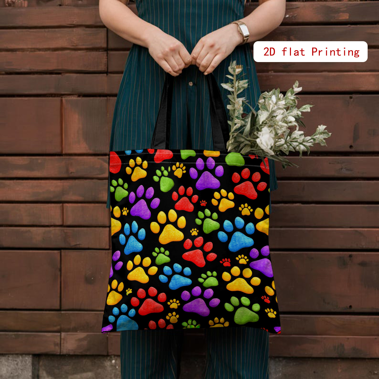 TEMU 1pc Colorful Paw Print Women's Minimalist 2d Printed Double-sided Shoulder Bag, Large Capacity Reusable Tote Bag For Shopping And Gift Wrapping