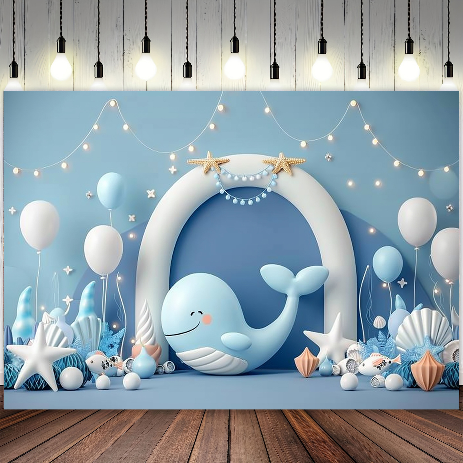 whimsical whale and seashell arch backdrop for   showers birthdays and   decor blue polyester design with balloons and   39x59 51 18x59 70 8x90 5 inch options event photography celebration backdrop durable decoration 0