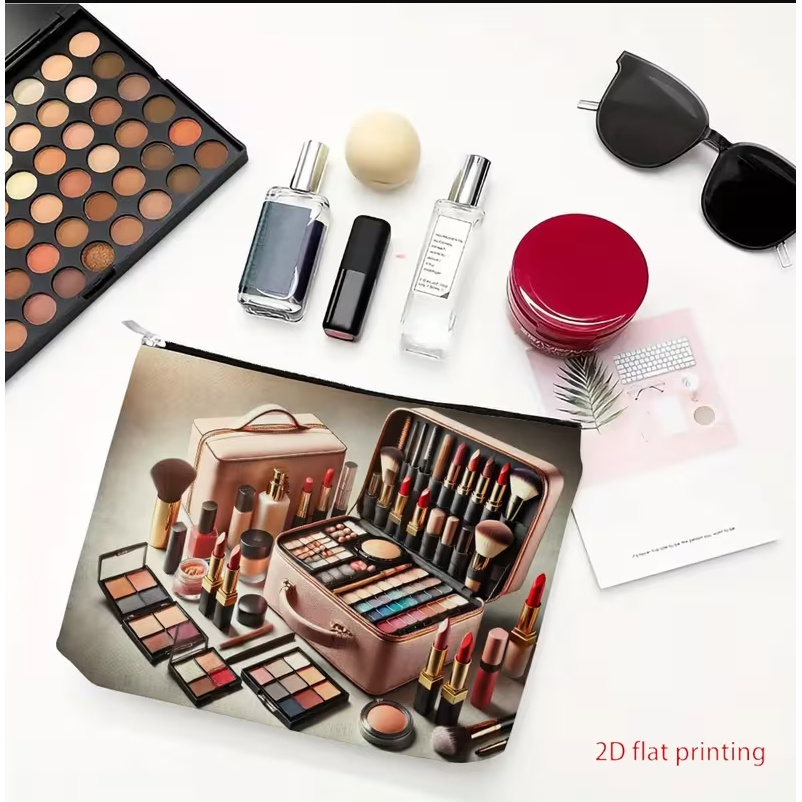 TEMU This Is A 2d Print Makeup Bag Featuring With Makeup Tools, Including Patterns Of Makeup Brushes And Eyeshadow Palettes. A Portable Zippered
