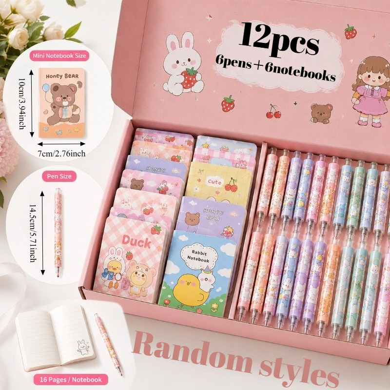 TEMU 12pcs Cartoon Kawaii Stationery Gift Set, 6pcs Mini Notebooks With 6pcs Cute Pens Set, Random Styles, Pocket Lined Notebook Bulk, Cute Writing