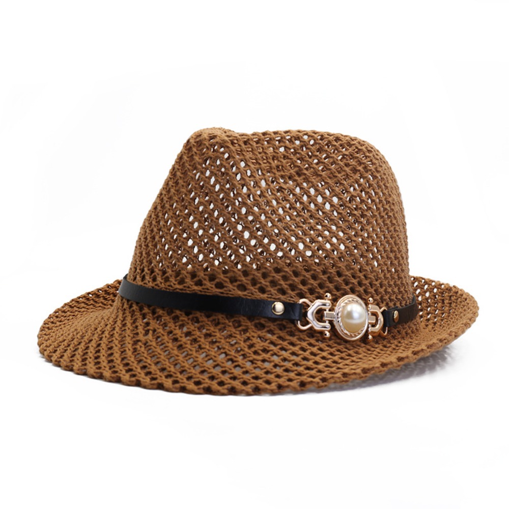 Image of 1pc Fashionable Mesh Openwork Casual Hat, With Leather Belt And Pearl Decorations. A Breathable And Casual Sun Hat Suitable For Summer, Perfect For Outdoor Travel, Beach, Daily Vacation.