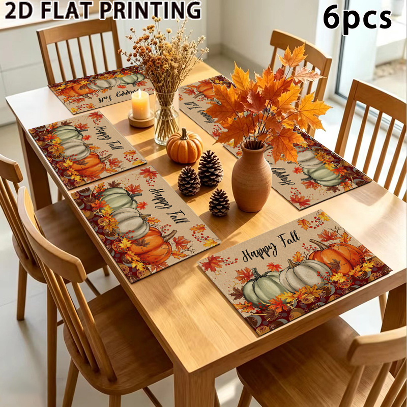 TEMU 6 nappes de table à motif citrouille et feuille d'érable, avec motif "Happy Fall", 12X18 pouces en polyester, idéales pour Thanksgiving et la