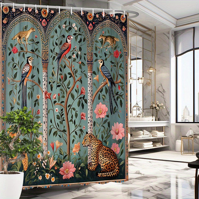 TEMU 1pc Persian Miniature-inspired Shower Curtain - Vibrant Birds, Leopard & In Red, Blue, Yellow, Teal - Durable Polyester Fabric 70.8x70.8 Inches