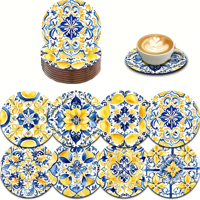 TEMU Autumn New Product 8pcs Set Of Mediterranean Watercolor Lemon Wooden Coasters, Car Coasters, Tea Set Mats, Coffee And Beverage Mats, Dining
