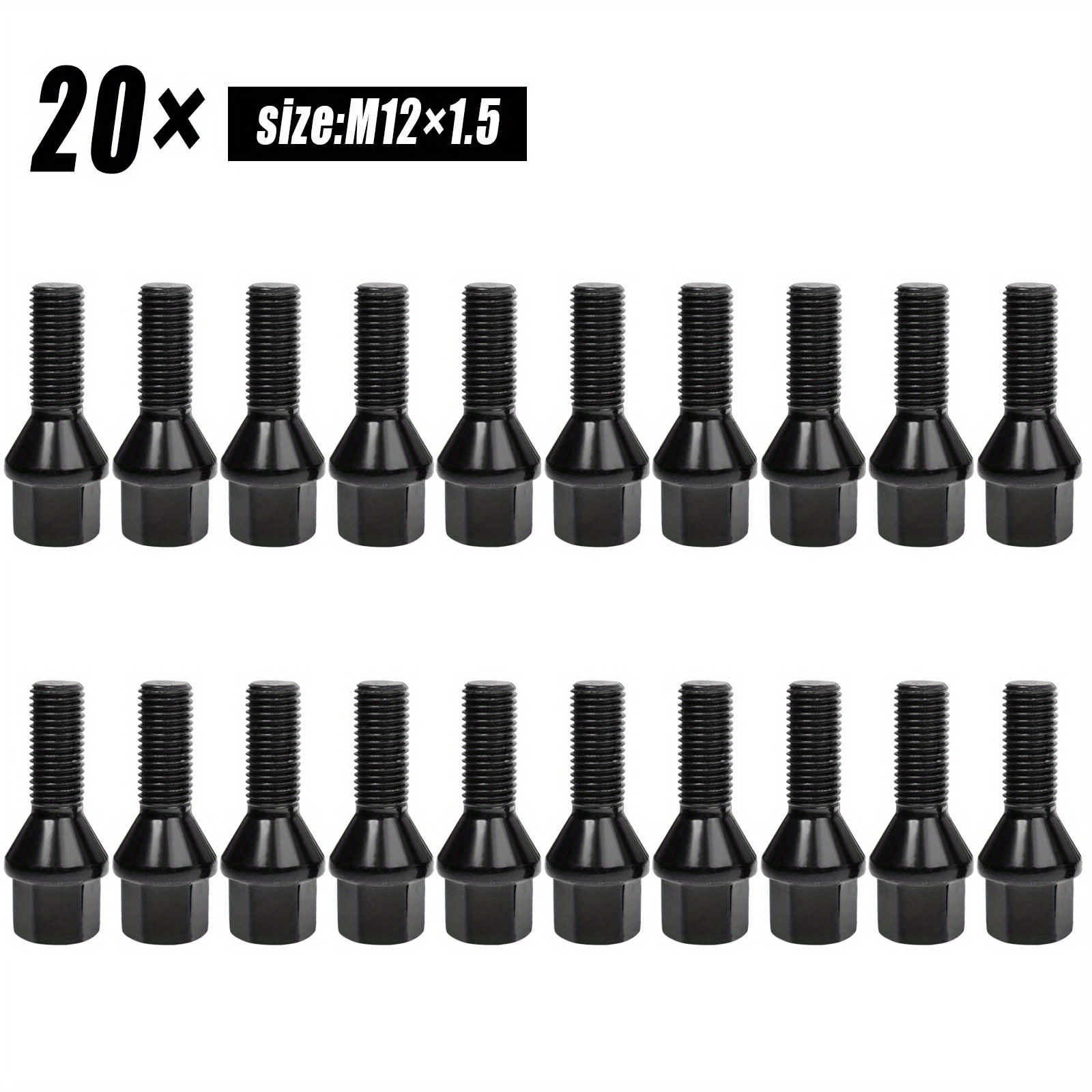 Image of 20pcs Black Lug Bolts, 12x1.5 Thread, Conical Seat Shank, 17mm Hex Head For Aluminum & Wheels - Corrosion Resistant, High-temperature Metal Fasteners