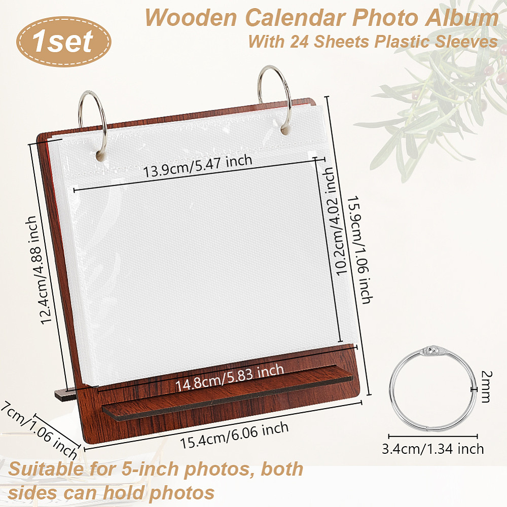 slika predmeta pravokoten lesen foto album set, ki vključuje okvir za fotografije in ploščo, z 24 plastičnimi folijami in nerjavečimi jeklenimi obročki za vezavo. album za izrezke   124x148x0.3mm, z notranjim premerom 102x139mm, in je na voljo v rjavi  .