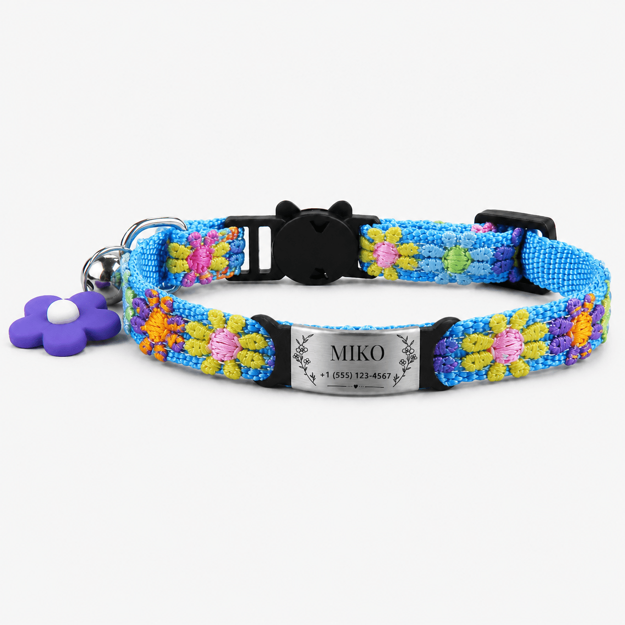 TEMU 1pc Customizable Cat Collar, Floral Bell Neck Collar With Daisy And Heart Patterns, Engravable Metal Tag For Name And Phone Number, 1cm Width,