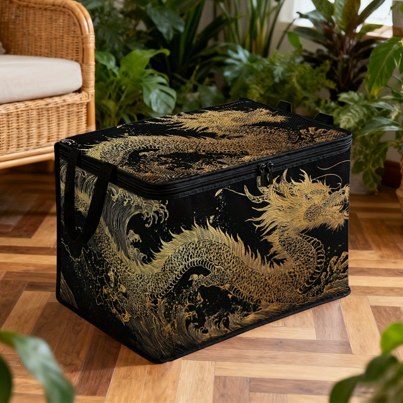 TEMU 1pc Large Elegant Chinese Dragon Pattern Storage Box With Hinged Lid - Black Rectangular Organizer Box, Suitable For Bathroom, Laundry Room, Pet