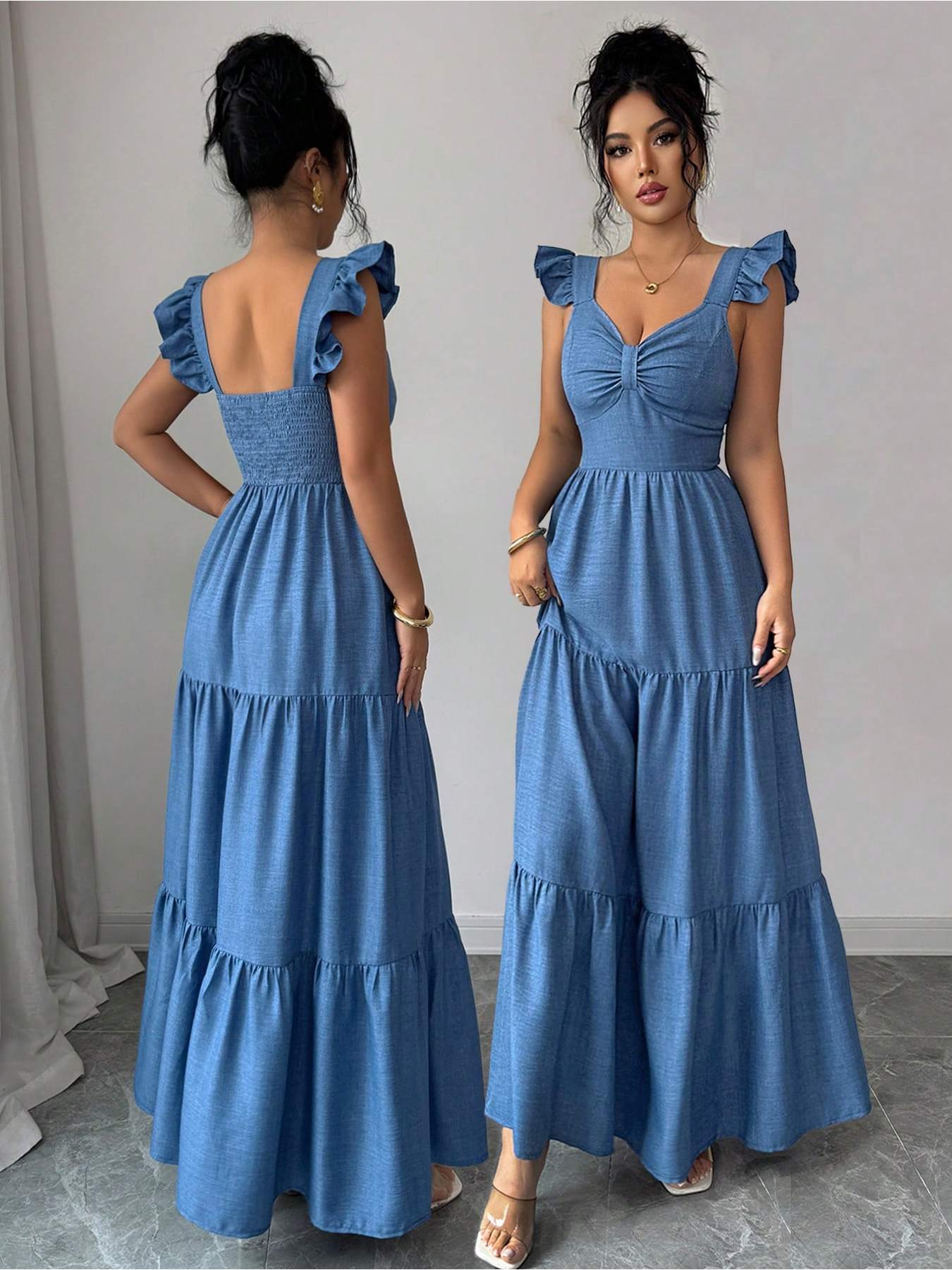 solid blue maxi dress Solid Color Smocked Maxi Dress in Blue main image 1
