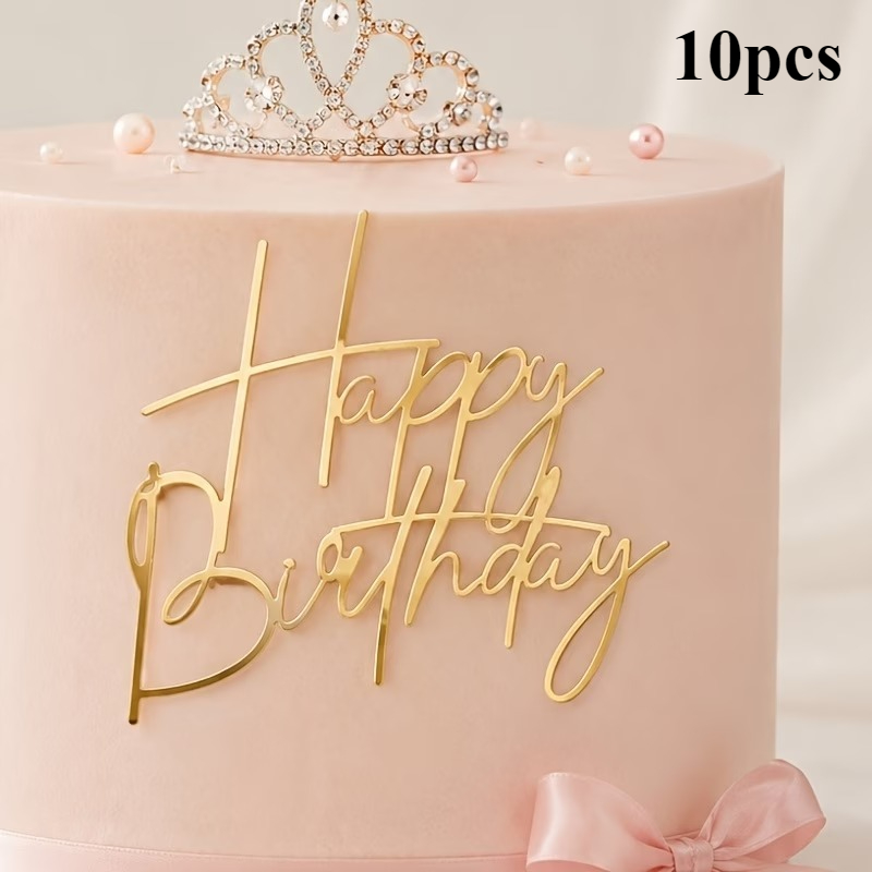 TEMU 10pcs Golden Happy Birthday Cake Decorations, Acrylic Material, Mirror Golden Birthday Cake Side Decorations, Birthday Party Cake Decoration