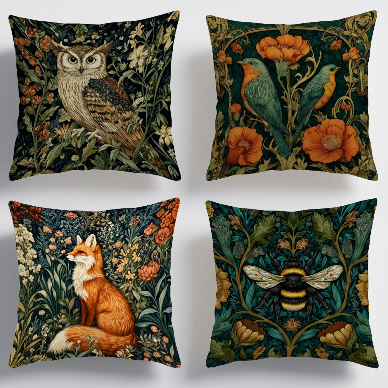 TEMU 4 pièces Housses de Coussin Style William Adaptées pour Canapé Lit, Housses de Coussin Imprimé Renard Floral avec Fermeture Éclair, Housses