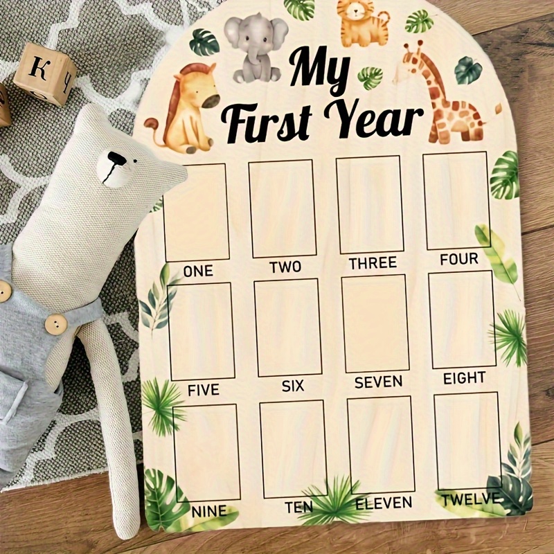 2d flat   year photo display board giraffe and lion jungle animal design 12 month milestone picture frame   wooden keepsake birthday party decoration