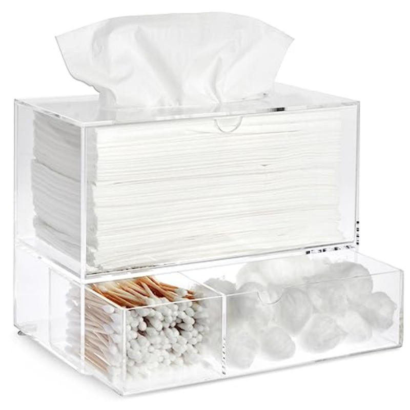 1  tissue box holder with 3-drawer organizer - heavy-duty modern rectangular dispenser with pull-out drawers, space-saving bathroom/vanity cabinet storage, fits standard tissues & caddy systems, 9.3” wide, 3-compartment drawer, dust-resistant & hygienic design, minimalist white frame & clear panels, multi-functional organizer for tissues, swabs, balls (1 unit), decorative tissue box holder, tissue holder bathroom, tissue box with storage, tissue box holder for car, Product details 0
