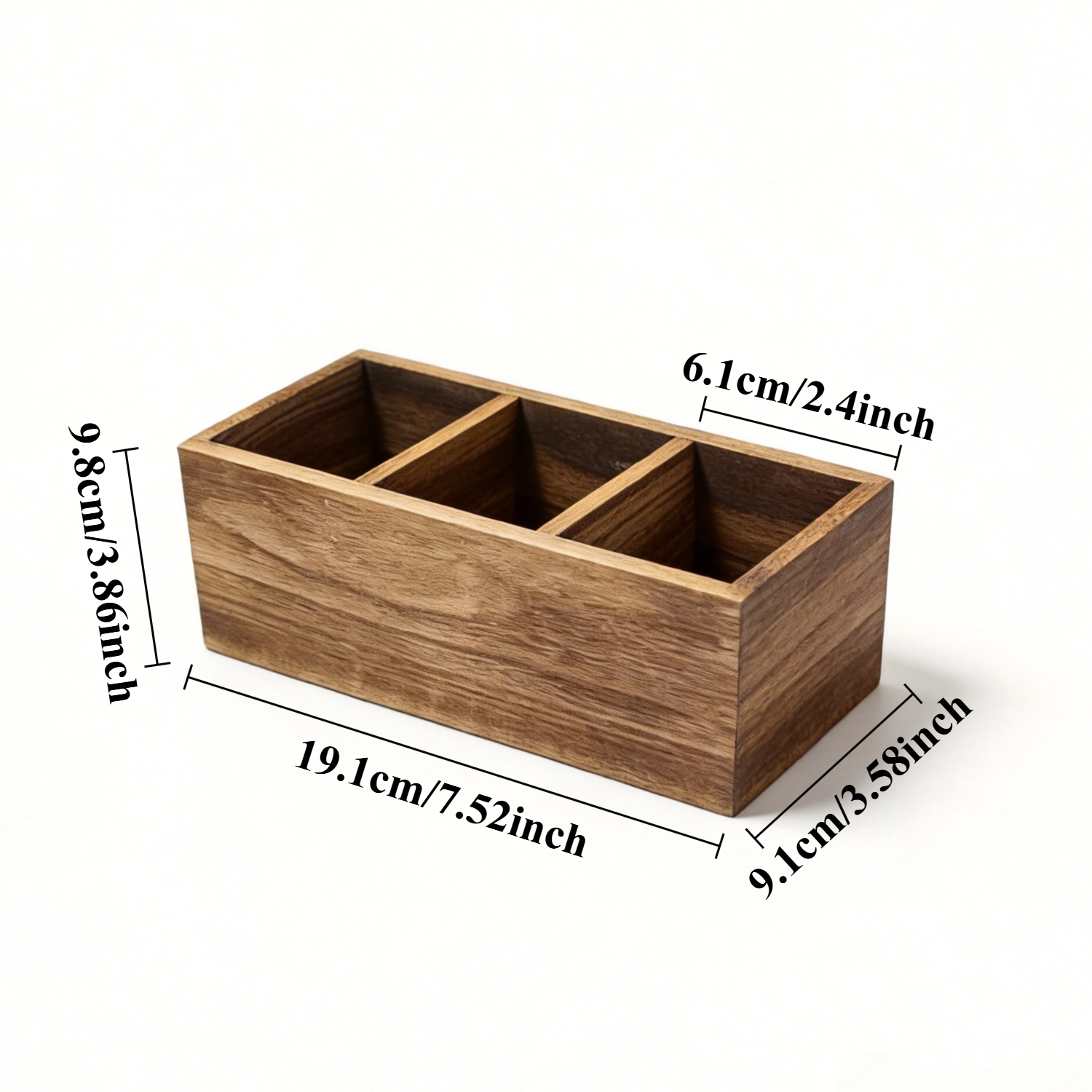 TEMU 1pc Wooden Three-compartment Kitchen Utensil Organizer, Home Storage Box, Remote Control Wooden Storage Box, Wooden Divided Storage Box, Living