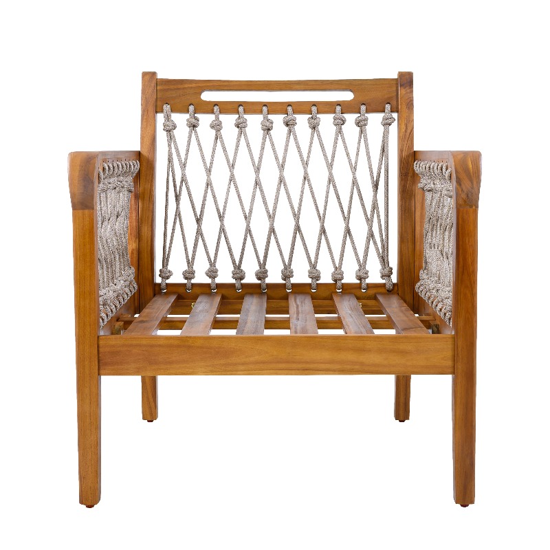 Outdoor Acacia Club Chair with Handwoven Rope, Teak End