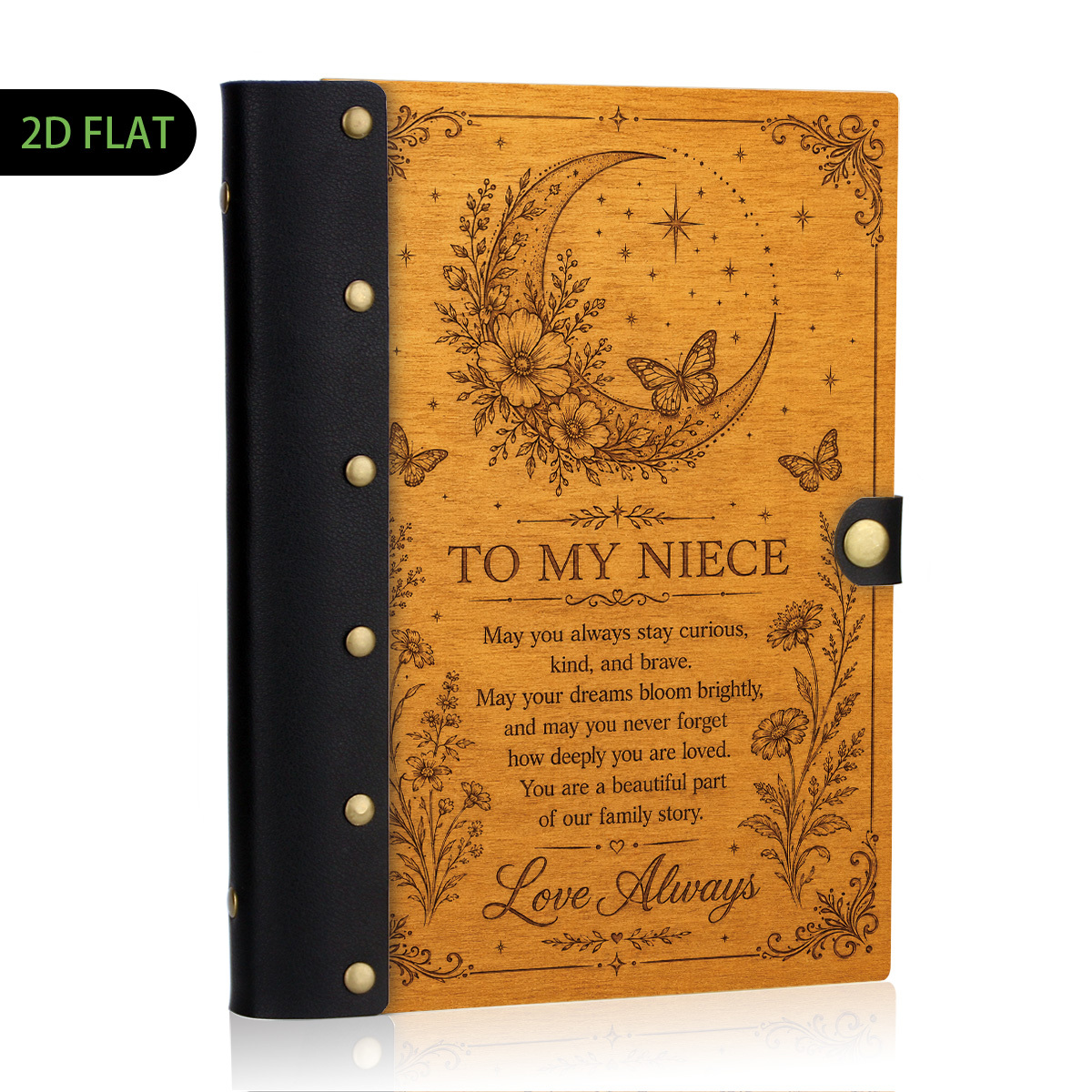 TEMU 1pc Leather And Wooden Hardcover Notebook Design, 2d Flat Rustic Wood Grain To My Niece Love Quote, Moon Star Floral Vintage Journal Diary, Gift