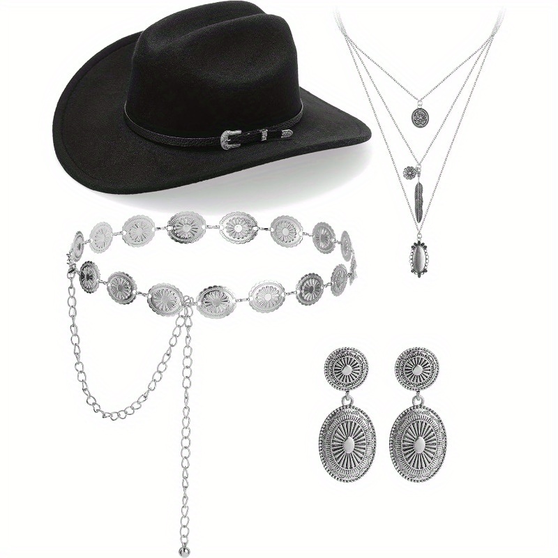 TEMU 4pcs Western Cowboy Hat Costume Turquoise Belt Women Bohemian Turquoise Necklace Vintage Drop Earrings (black)