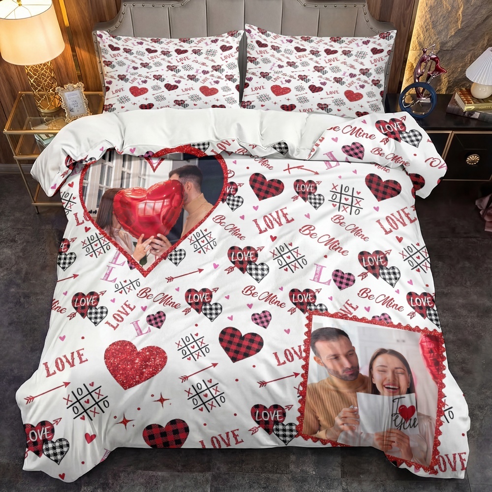 TEMU Custom 3pcs Set: Personalized Love Heart Pattern Couple & Family Photo Duvet Cover Set - Includes 1 Duvet Cover And 2 Pillowcases, No Filler,