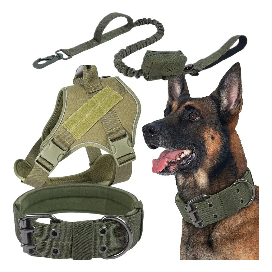 Heavy-Duty Tactical Dog Set, Adjustable Harness, Collar & Shock-Absorbing Leash