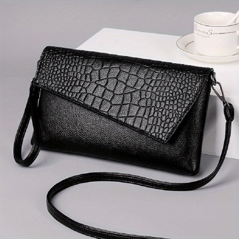 Stylish Black Crocodile Pattern Handbag For Wo - Luxury Clutch With Adjustable Strap, Zipper Closure, And Phone Handbag T