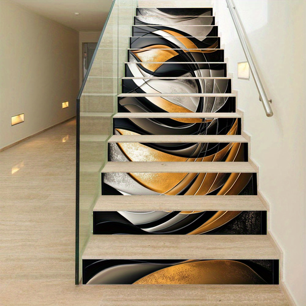 13pcs Abstract Black, Golden & White Fluid Design Stair Stickers - Self-Adhesive PVC Home Decor Murals for Living Room, Staircase, and Interior Design, 100.0cmLx17.98cmW, Modern Wall Art Decor|Abstract Wall Art|Easy Installation Decor, Stair Decorations