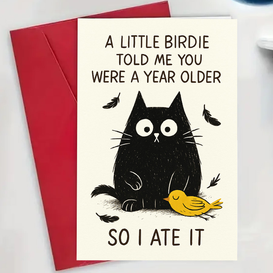 E-shop Eine humorvolle Geburtstagskarte mit einem niedlichen Katzen- und Vogeldesign, ideal für Freunde, Familie oder Kollegen, um Freude bei