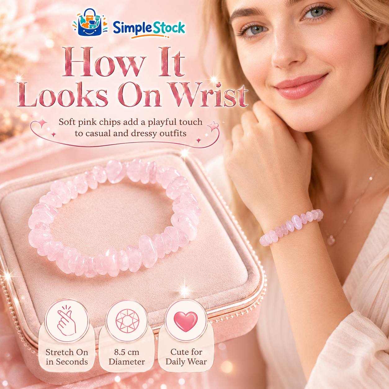 Natural Stone Blush Glow Chip Bracelet, Pink