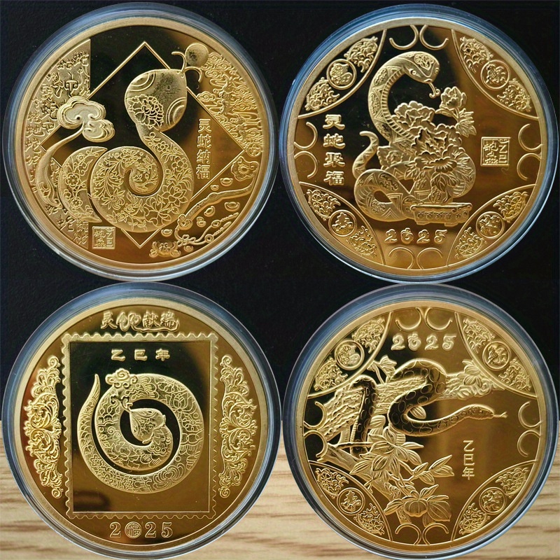 

4pcs 2025 Year Of The Snake 3d Commemorative Coin Set - Chinese Zodiac Gold Plated Iron , Ideal For Birthday & Holiday Gifts, Collectible Souvenir Badge, Non-electric, No Feathers, For 14+