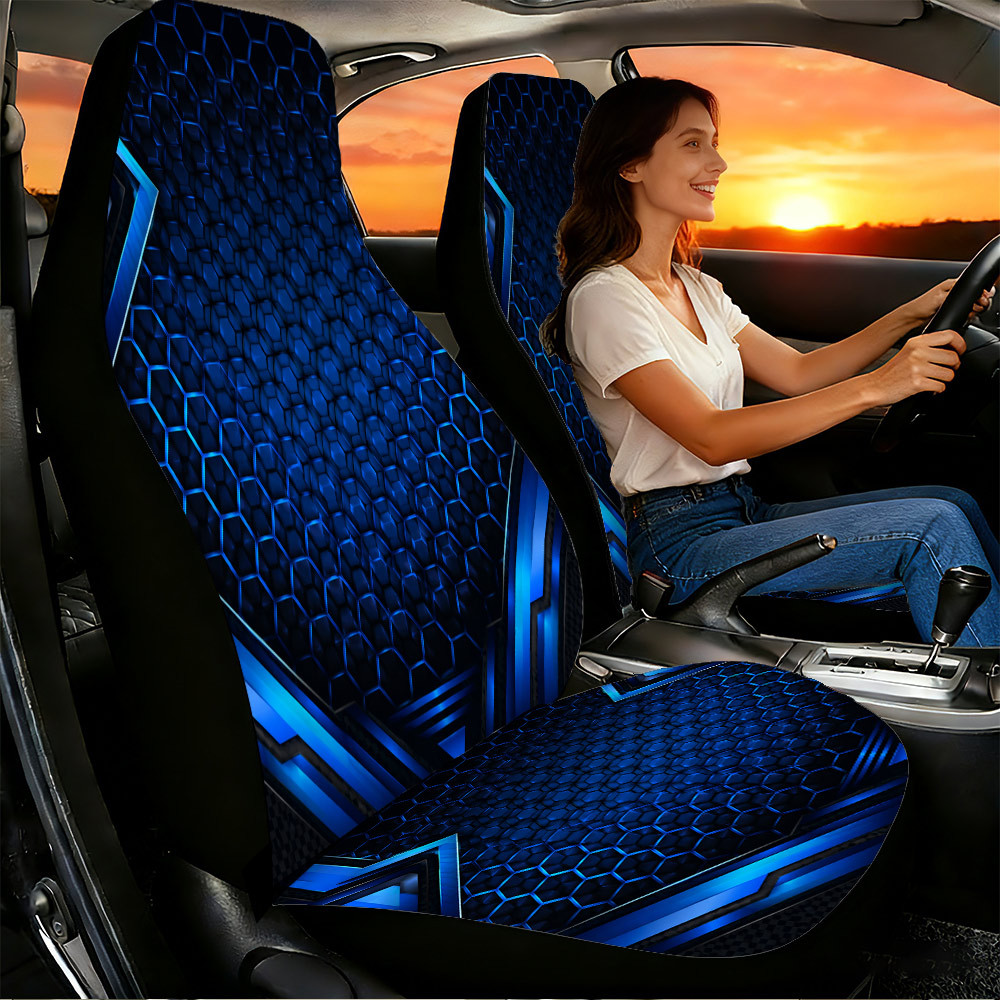 Image of 2pcs Blue Neon Hexagon Cyberpunk Car Seat Covers, Suitable For Front Seats, High , Polyester Material, Suitable For Cars, Suvs And Trucks, Women' Additions, Halloween