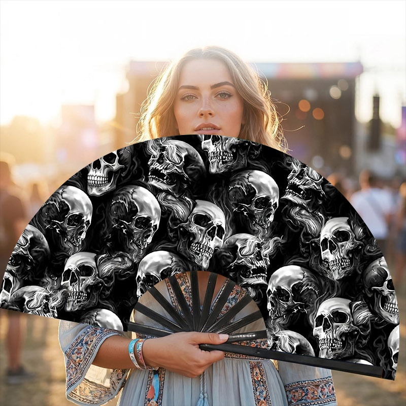 TEMU Women's Handheld Folding Fan, 1pc 13-inch Plastic Black Fan Rib Style, Featuring Monochromatic Dense Skull And Smoke Seamless Print Design, A