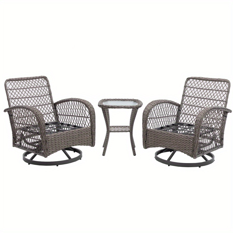 3pcs outdoor swivel rocker patio chairs 360 degree rocking patio conversation set with thickened cushions and glass coffee table for backyard grey