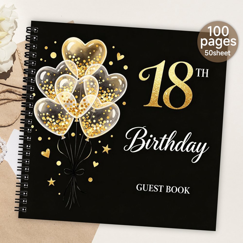 TEMU 1pc Spiral Guestbook, 18th Birthday Blank Page Guest Book, Meaningful Gift & Souvenir Album For Family & , Black Golden Glitter Heart Balloon