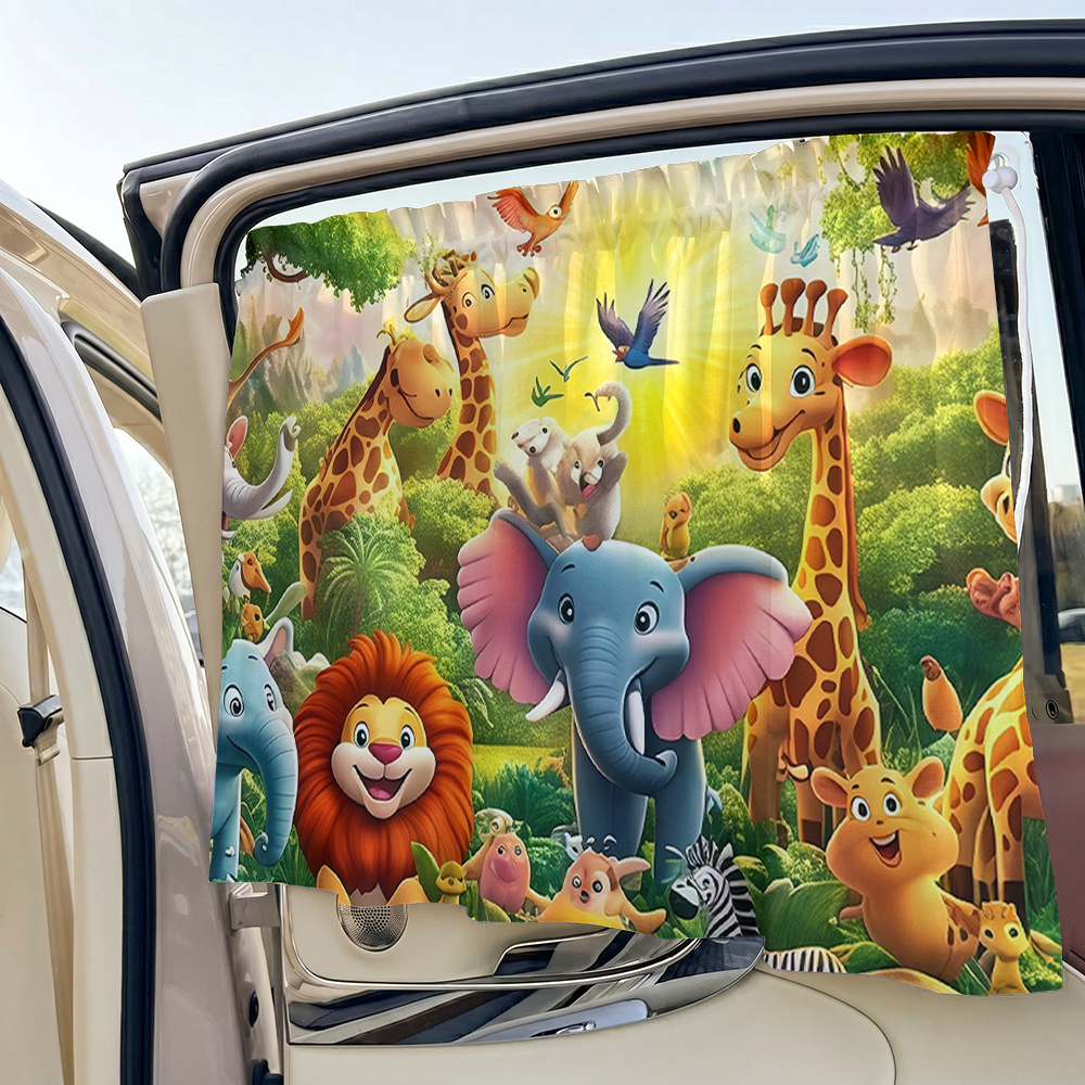 TEMU 1pc 2d Flat Cartoon Jungle Animals Printed Car Sunshade, Suction Cup Style, , Adjustable Rope, Fits Most Car Models, Suitable For Side Windows