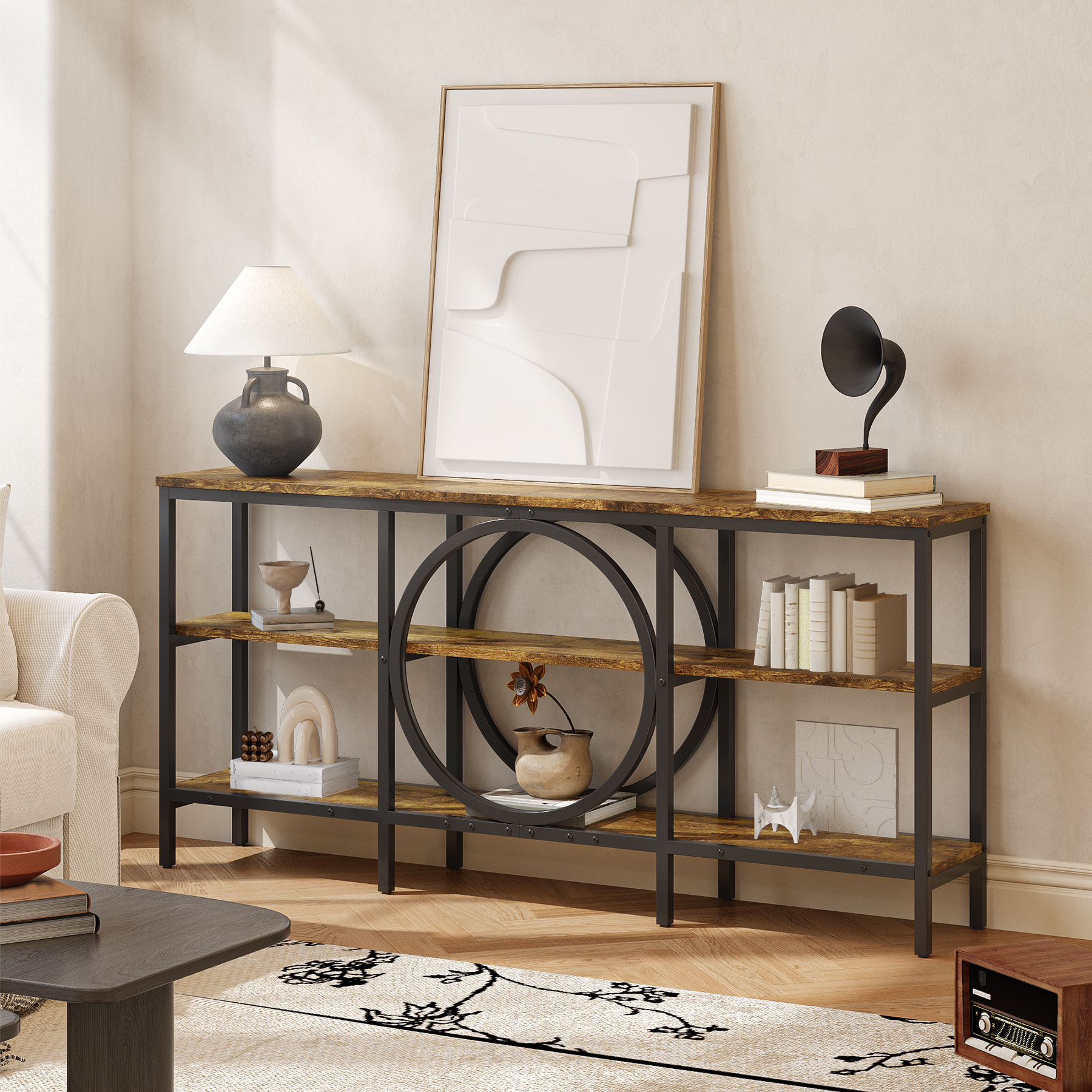 Industrial Farmhouse Console Table - Extra Long 66.9 Inch Narrow Sofa Table with 3-Tier Reclaimed Wood Shelves & Sturdy Metal Frame, Space-Saving Storage Cabinet for Entryway, Hallway, Living Room - Easy Assembly, 50lb/Shelf Capacity, Entryway Organizer | Industrial Chic | Elevated Metal Legs