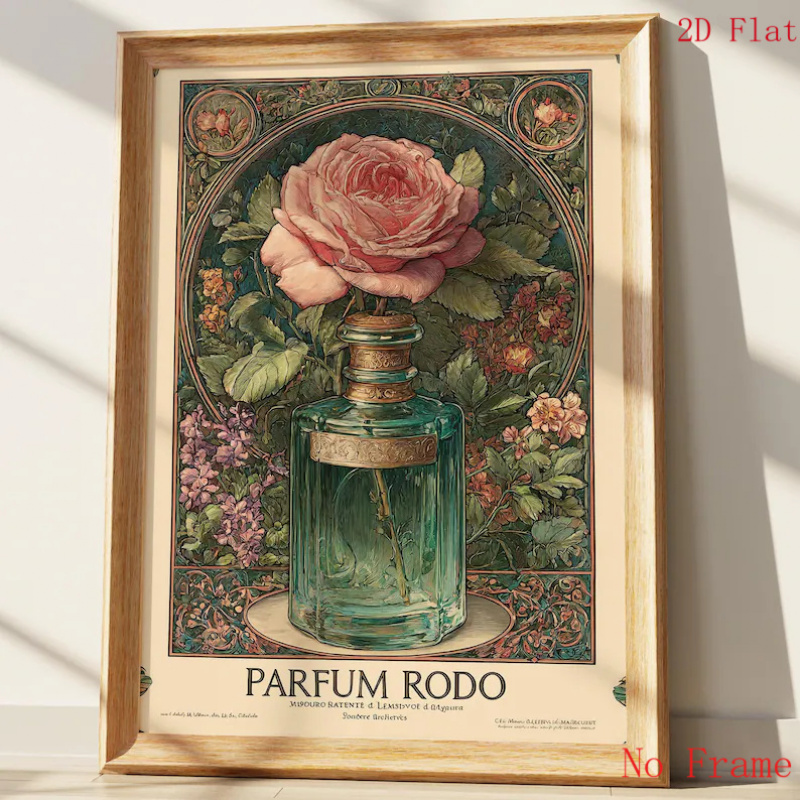 TEMU 2d Flat, 2d Flat, 2d Flat 1/pcs 2d Flat 1/pcs Rose Perfume Poster | Vintage Flower Advertising Printing | Plant Wall Art Home Frameless