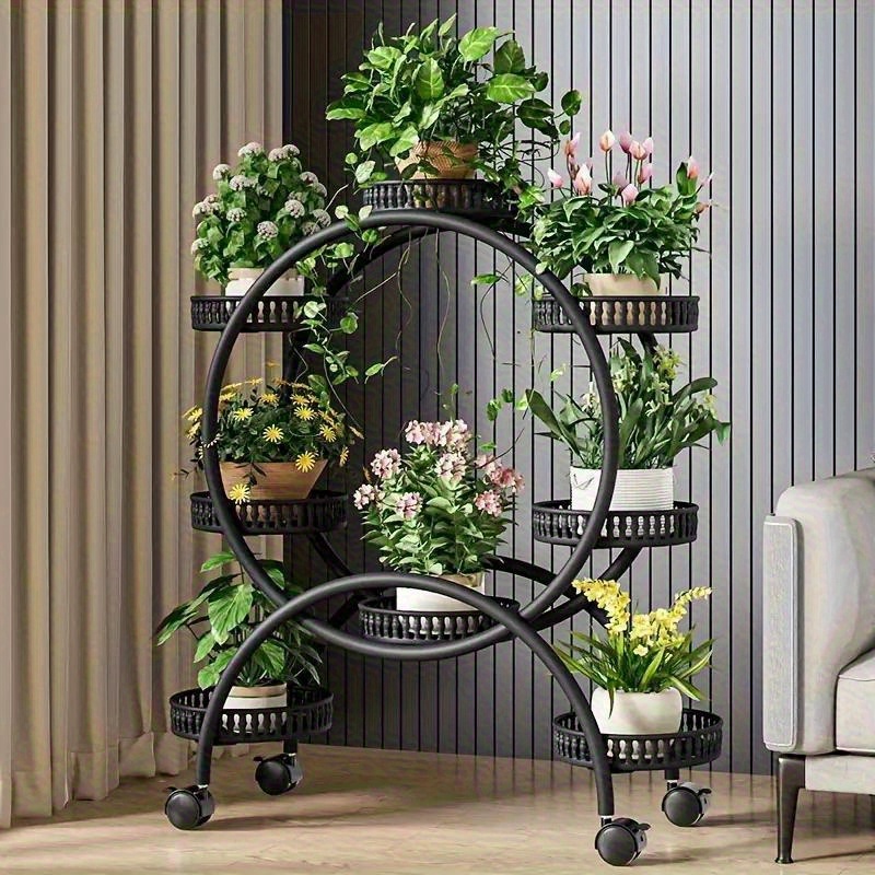 Image of Multi-tier Round European Style Indoor Plant Stand With Wheels - Sturdy Metal Frame, Black Finish, Mobile Floor-to-ceiling Room, Balcony, Pothos & Houseplants, Plant Decor