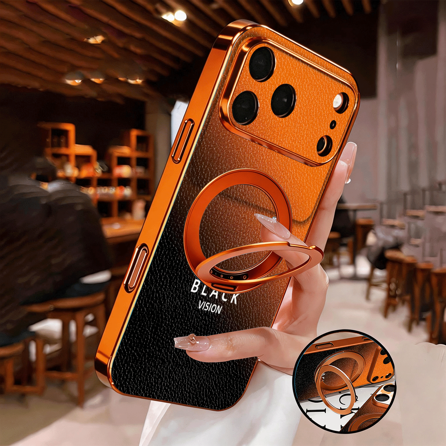 TEMU Phone Case: New Gradient Orange Electroplated Orange Synthetic Leather-wrapped Phone Case With 360Â° Rotating Ring Stand, Suitable For Iphone