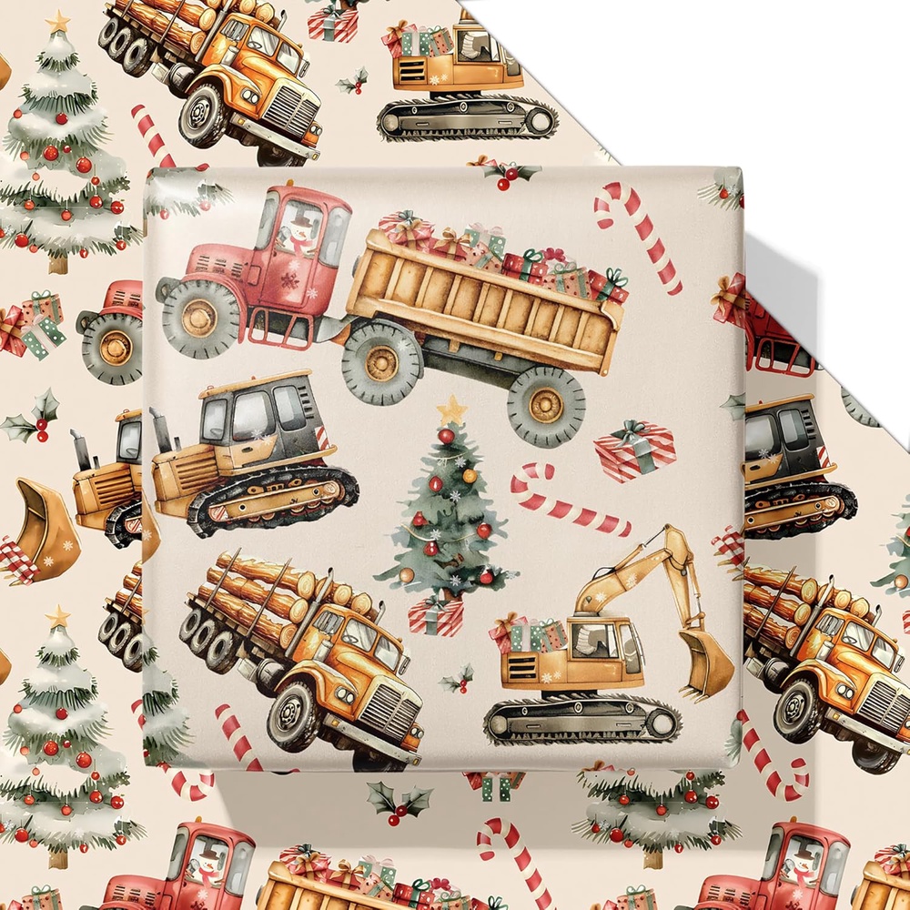 TEMU Construction Christmas Wrapping Paper For Boys Girls Boys Girls - Candy Cane, Dump Truck, Loader, Excavators, Xmas Tree, Holiday Wrapping Paper