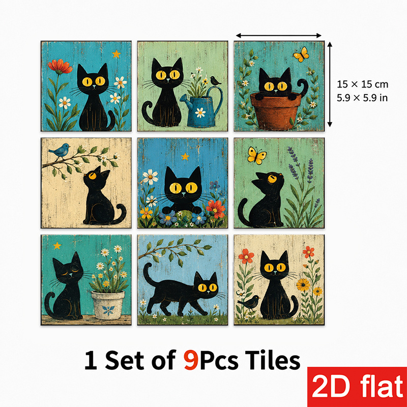 TEMU Autocollants de carreaux d'ardoise 2D plats 9 pièces 15x15cm (5.9x5.9in) Charmants - Carreaux muraux pelables et collants avec de chats et de