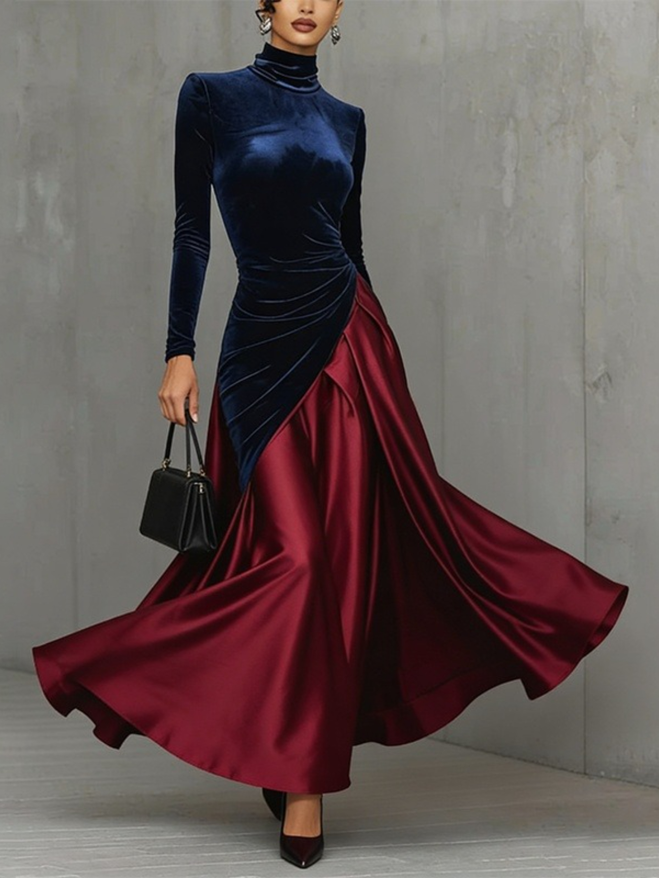 Spring Autumn Women's Velvet Satin Maxi Dresses Long Sleeve Turtleneck  Elegant Color Block Dress Stylish Asymmetric Design * Evening Wear  Comfortable * Fit Female Dress Suitable for * Events