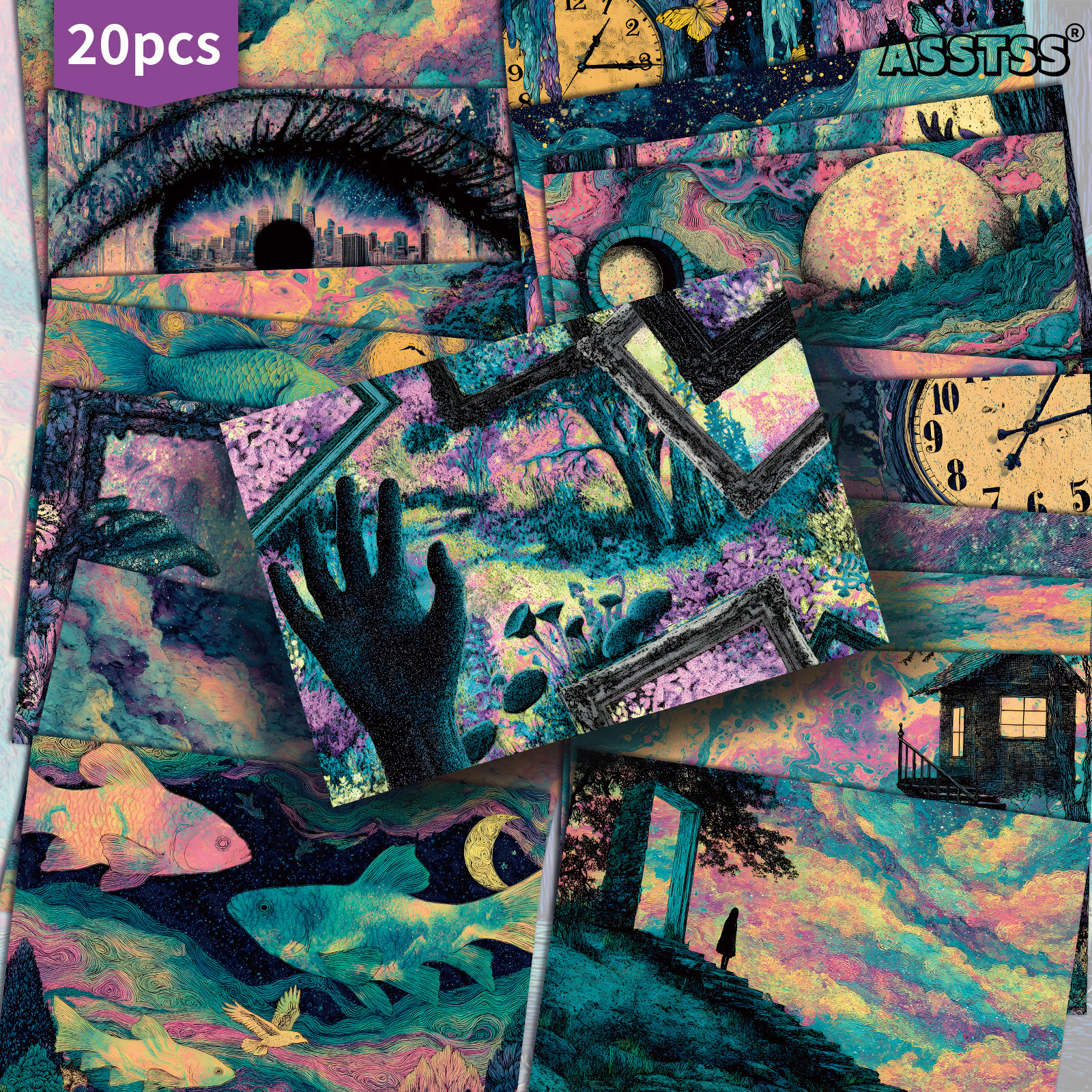 TEMU 20-pack Asstss Surreal Illusion Abstract Collage Gift Cards - 4x6 Inches Retro Junk Journal Paper, Classic Pinup Illustrations, Collectible