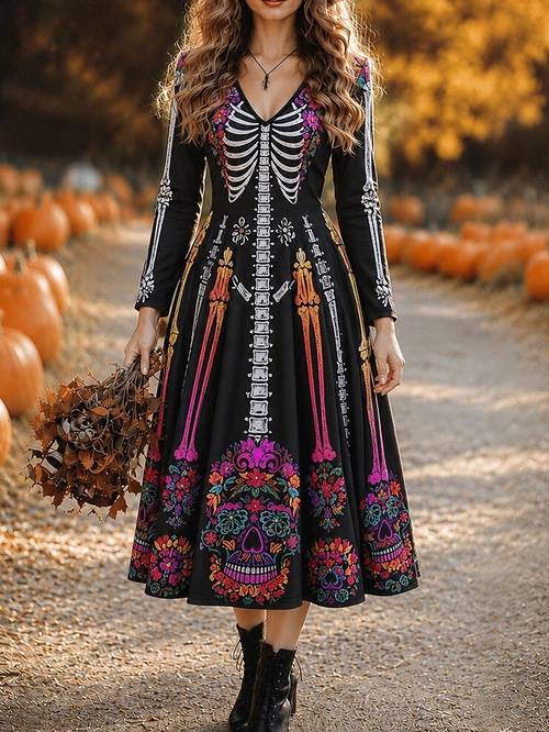 item picture womens autumn and winter dresses halloween and length dress with long sleeves v neck colorful skull print long skirt with large hem vintage mexican style party dress