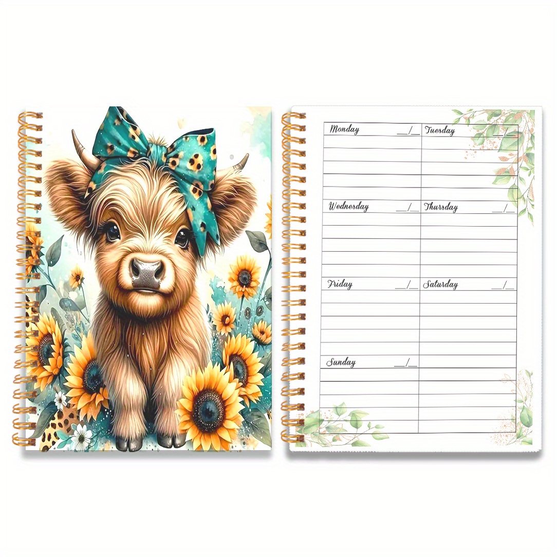 TEMU 1pc A5 Cute Calf With A Bow Tie And Sunflowers Spiral Undated Planner, Daily Weekly Agenda Notebook, Weekly Planner, Office School Stationery, &